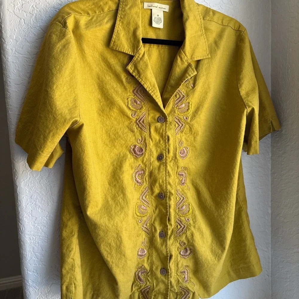Womens 1X Shirt Mustard Yellow 90s Vintage Linen Blend Collar Embroidered Short - Picture 3 of 6